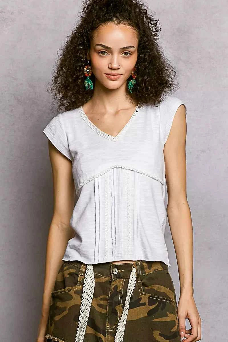 POL V-Neck Lightweight Textured Short Sleeve Knit Top with Lace Trim 15df9a54-a1fb-4aba-bf8a-2960c32093ae-Max-Origin