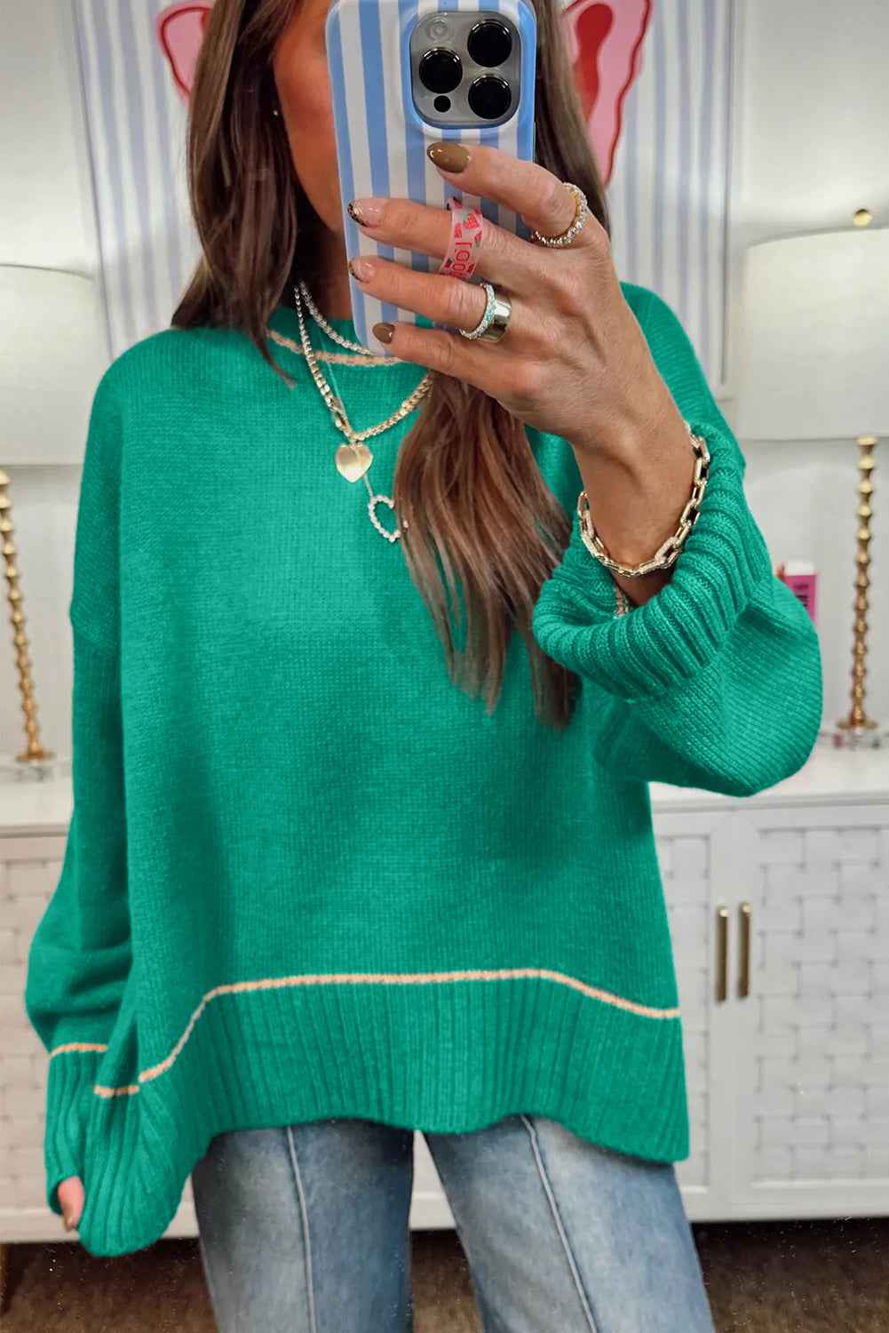 Sea Green Contrast Detail Drop Shoulder Baggy Sweater 15dfbd82ec6f1fff