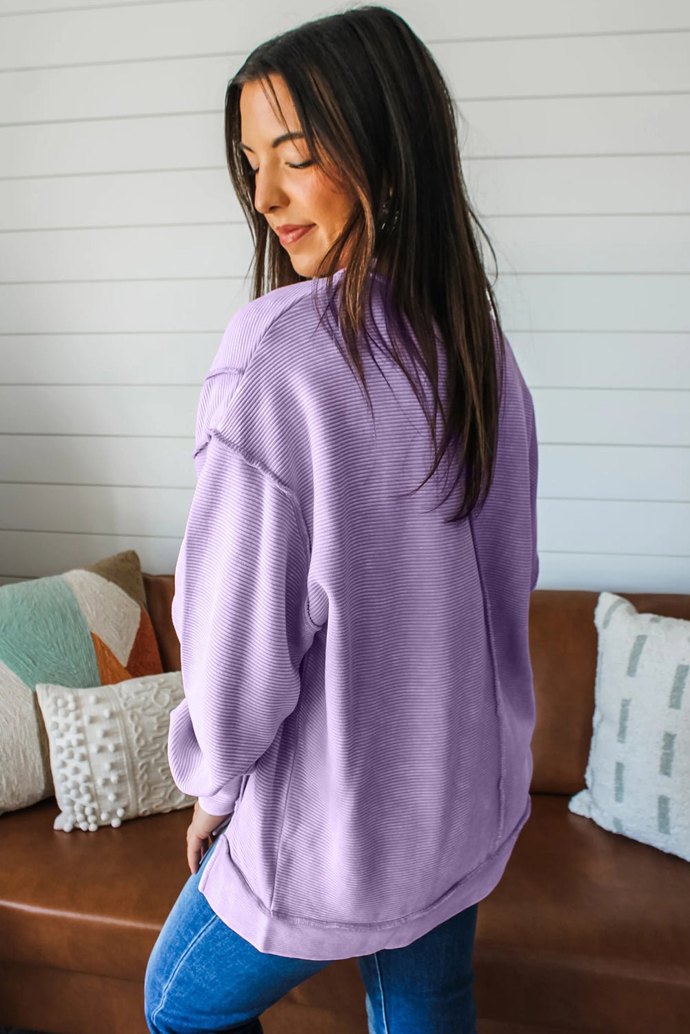 Lavendula Horizontal Ribbed Exposed Seam Detail Drop Shoulder Baggy Pullover 15e0226805b9fc9c