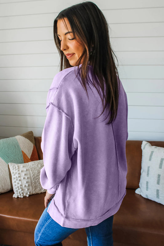 Lavendula Horizontal Ribbed Exposed Seam Detail Drop Shoulder Baggy Pullover 15e0226805b9fc9c