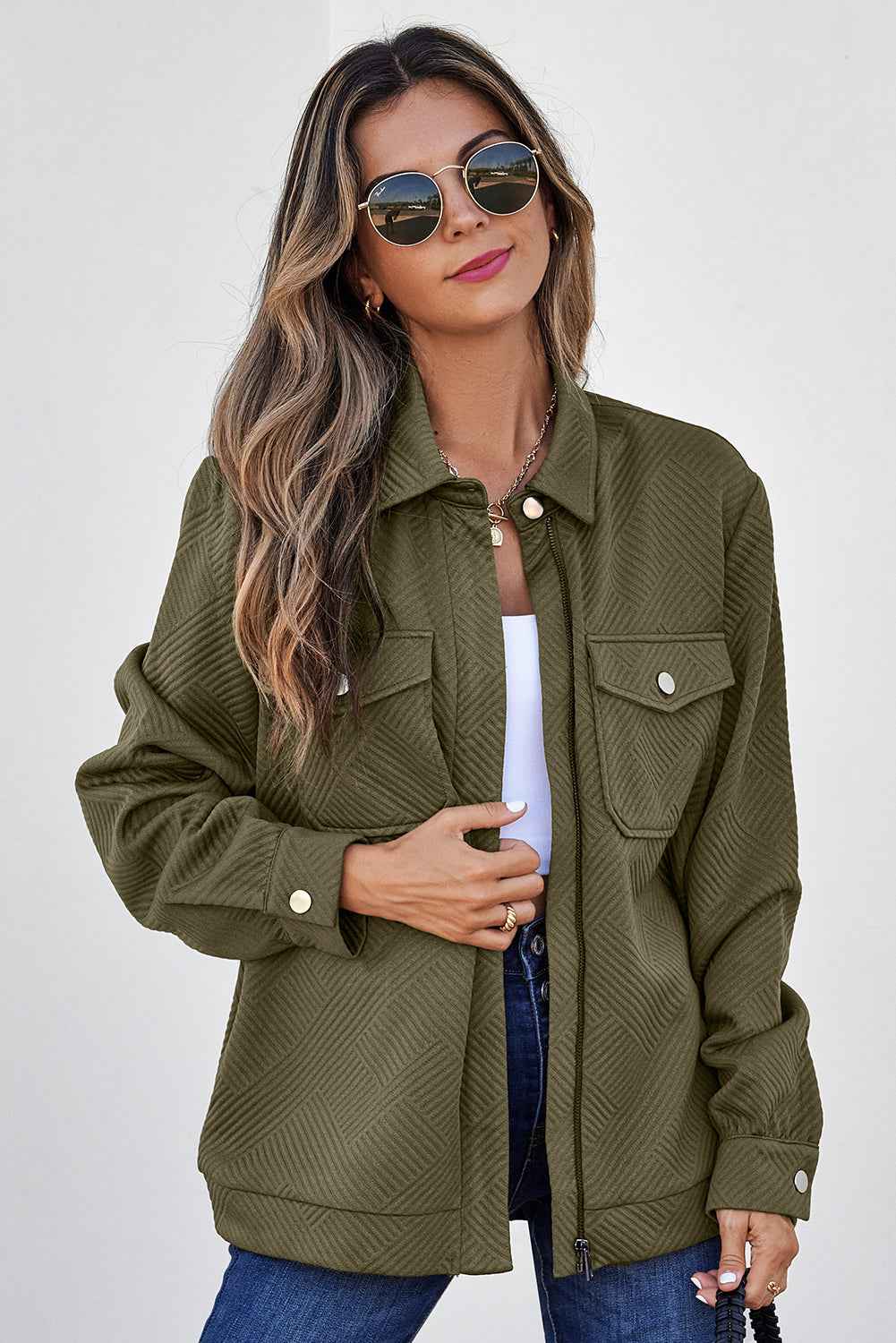 Blackish Green Solid Color Zip Up Button Flap Pocket Shirt Collar Jackets 15e2b9da47c83929