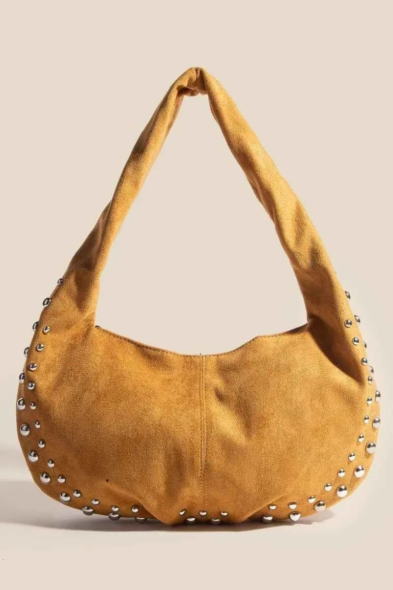 Fame Metallic Studded Faux Suede Hand Bag LBR One Size 15e5f1eb73844b609286f2e9028e8f5c-Max-Origin
