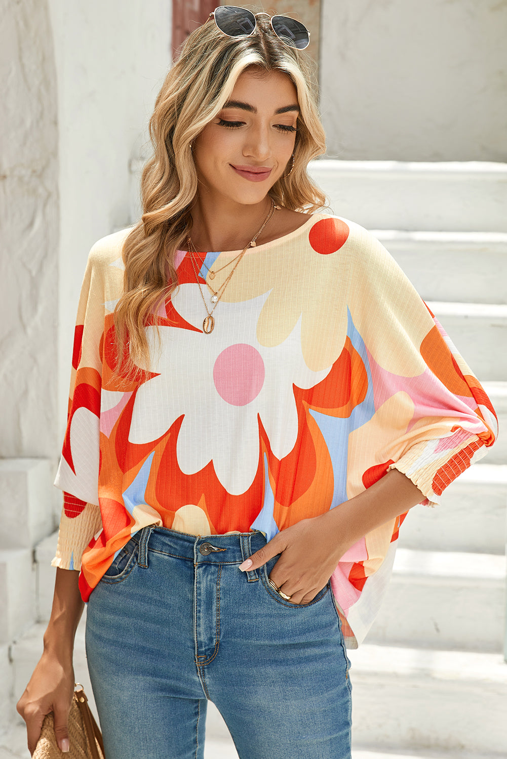 Yellow Colorful Floral Print Ribbed Dolman Blouse 15eaf68704625d0f