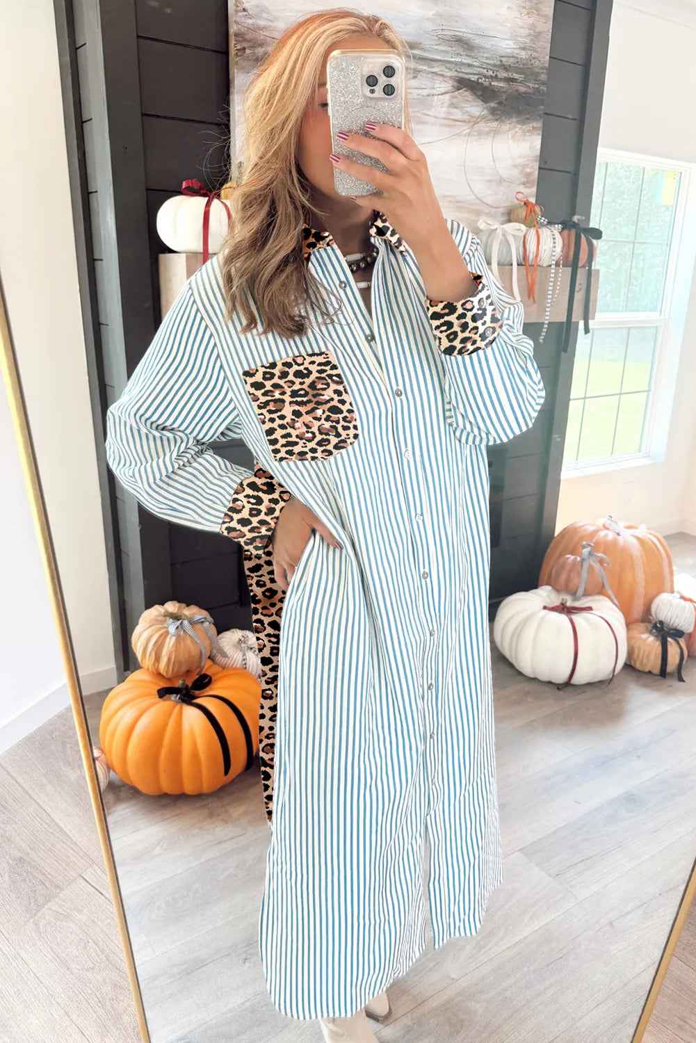 Brown Stripe Contrast Leopard Patchwork Shirt Dress 15ec2513fef9d0ce