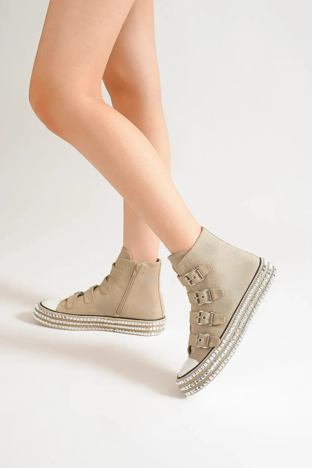 Beast Fashion Multi-Buckle Straps Studded Platform Sneakers Khaki 15efbaef-a589-48dd-949e-e5a1f98ee7f8-Max