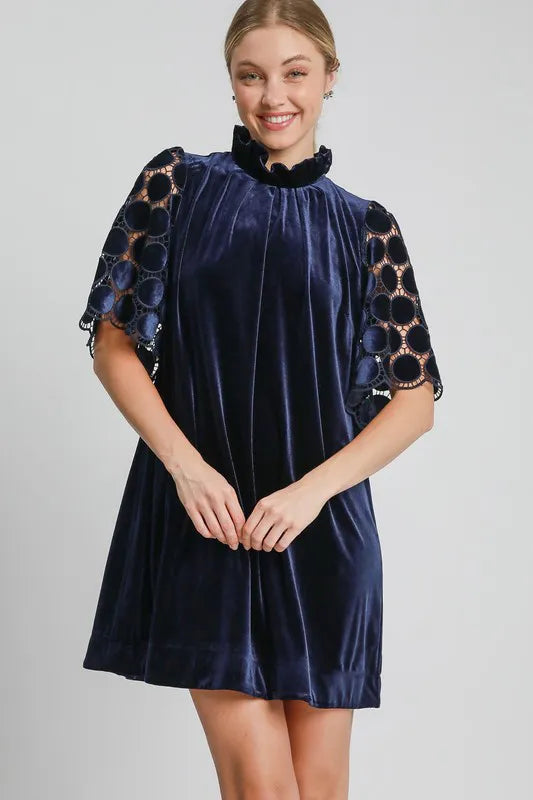 Umgee Dotted Lace Half Sleeve Mock Neck Back Tie Velvet Dress Navy 15f2492a-84e8-4368-b19c-bc81314d4598-Max