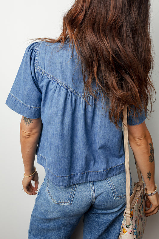 Beau Blue Seam Pleated Detail Half Button Short Sleeve Denim Top 15f272b114621612