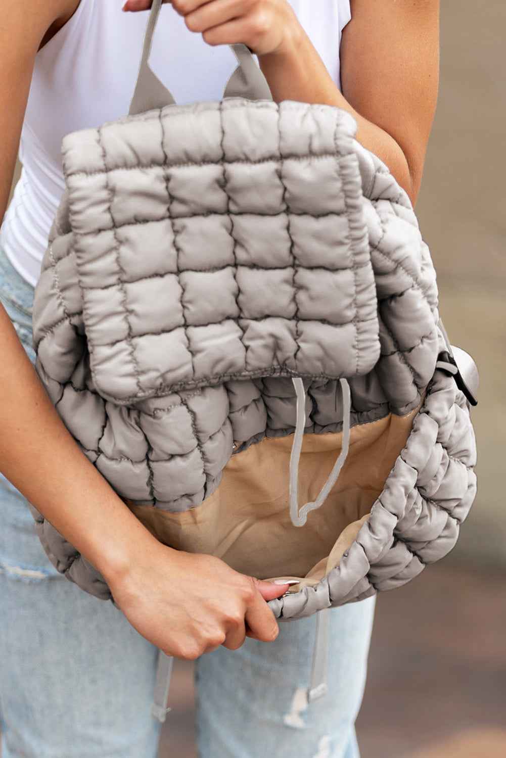 Medium Grey Solid Flapped Quilted Puffer Backpack 15fc55d076d9d931