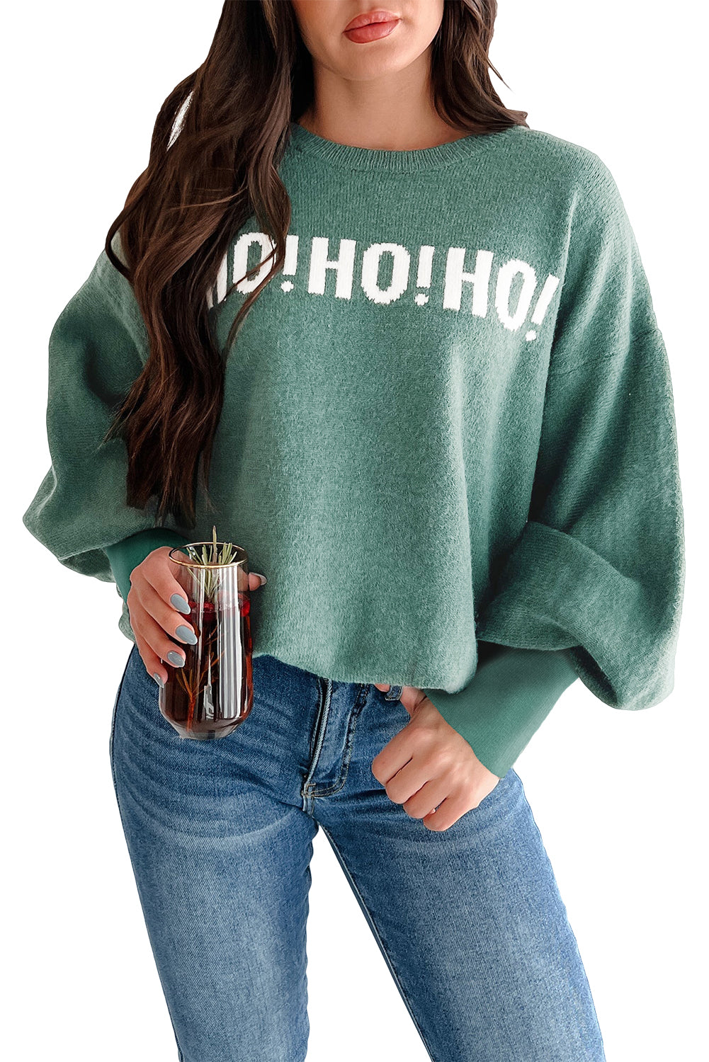 Blackish Green MERRY CHRISTMAS HO HO HO Drop Shoulder Loose Sweater 15fff9ba67afefec