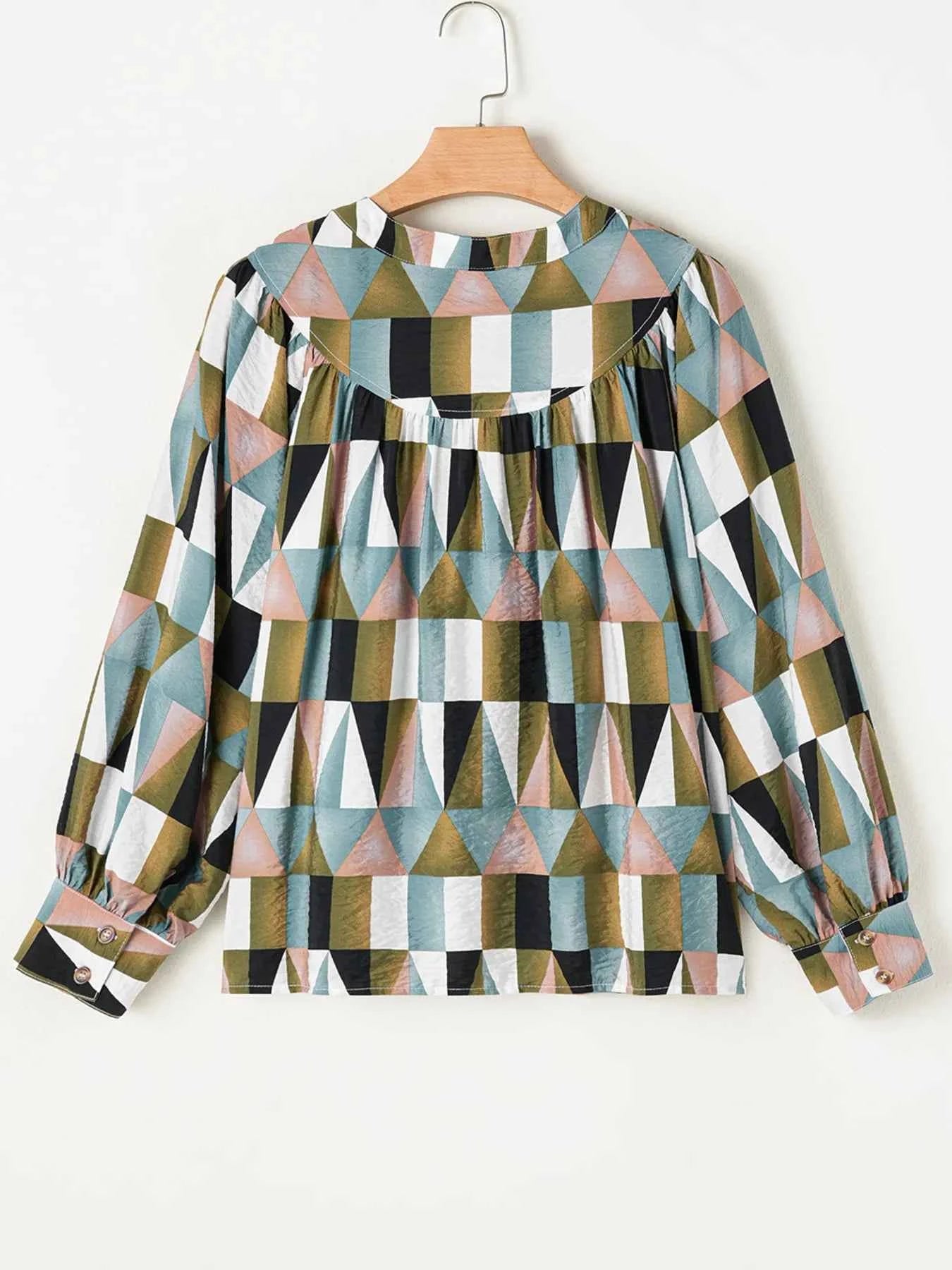 Geometric Print Buttoned Balloon Sleeve Loose Fit Shirt 16070bbcce3b4549b086ba303ef520fd-Max-Origin