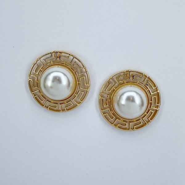 Round Greek Symbol half Pearl Post Back Earrings 1609e664-5fb2-403d-9c98-78e71311156f