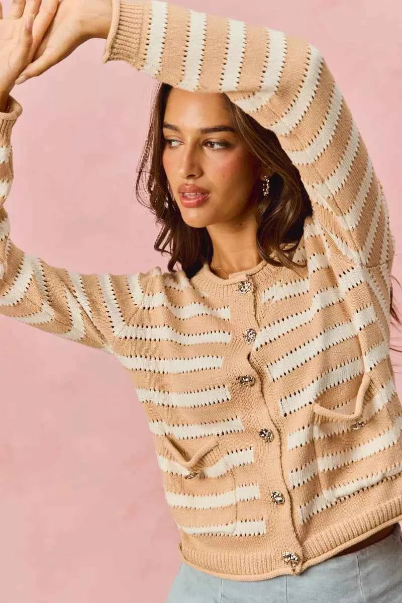 SO ME Stripe Long Sleeves Button Sweater Cardigan 160a4f18d2d3467784779f2b939b9890-Max-Origin