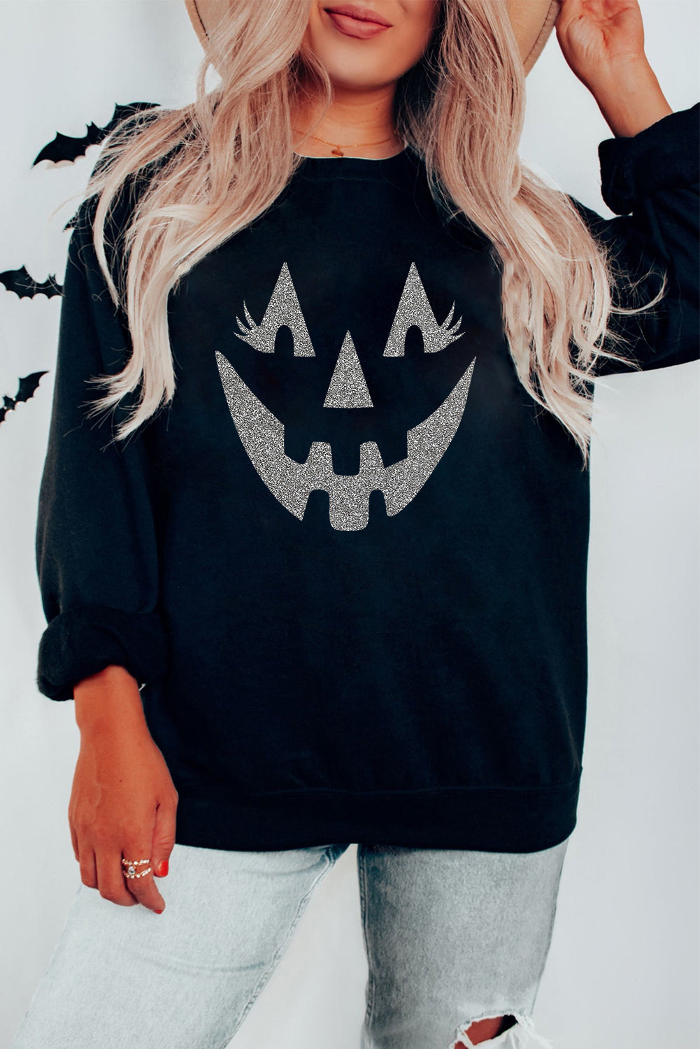 Black Spooky Halloween Transfer Vinyl Process Graphic Sweatshirt 160a9abae7814e2b
