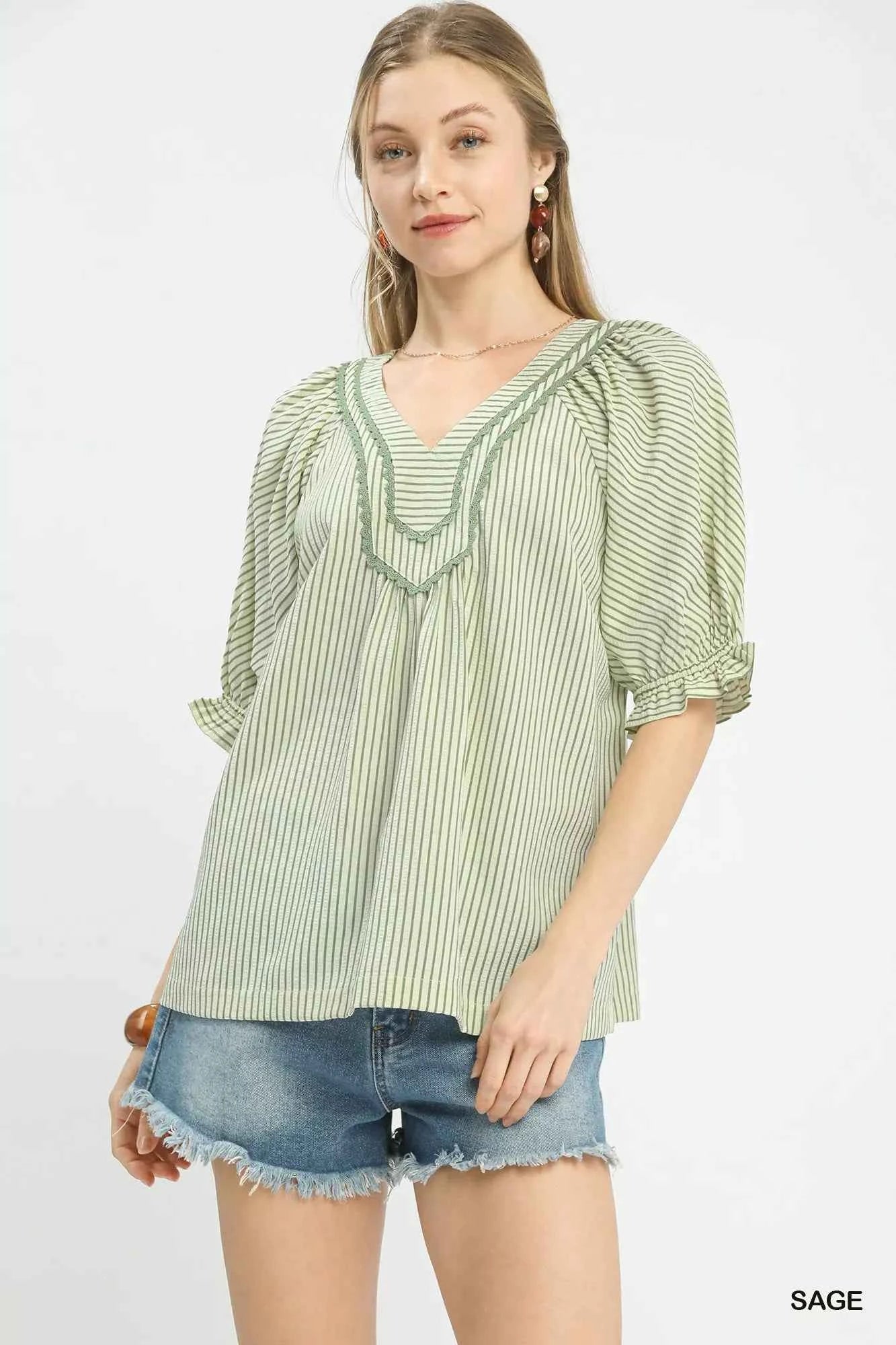 Umgee Stripe V-Neck Blouse SAGE 160aed07-7144-47f5-ac2f-dd6aa73490c2-Max-Origin