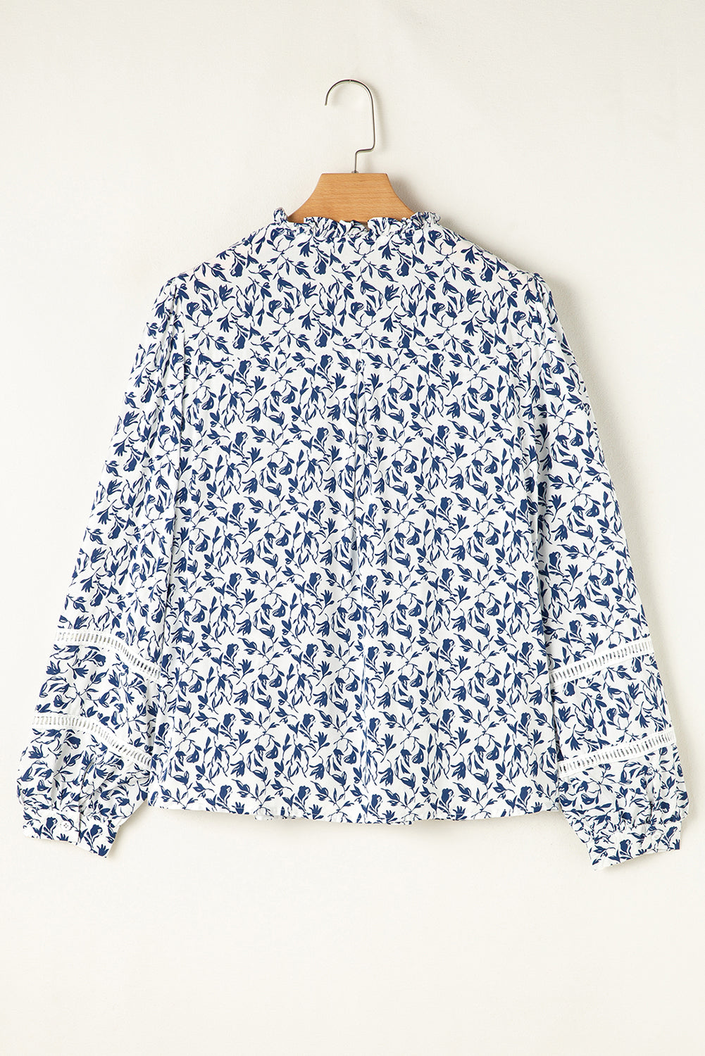 Blue Floral Print Lace Detail Puff Sleeve Shirt 160c890babe2f773