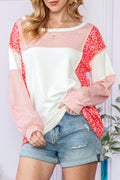 Peach Blossom Patchwork Long Sleeve Round Neck Top Peach Blossom 60%Cotton+35%Polyester+5%Elastane 1618c73b18ec122a