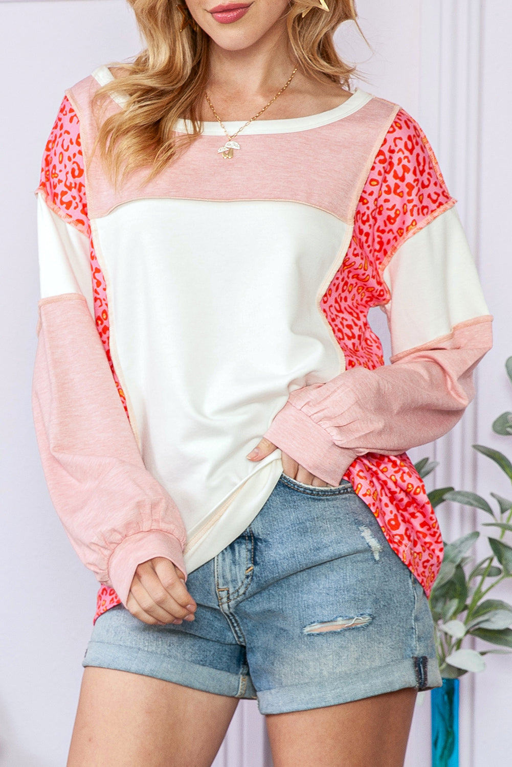 Peach Blossom Patchwork Long Sleeve Round Neck Top Peach Blossom 60%Cotton+35%Polyester+5%Elastane 1618c73b18ec122a