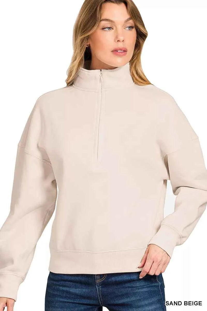 Zenana Fleece High Neck Half Zip Sweatshirt SAND BEIGE 161d72cb3c904a03a71669ad196be6f1-Max-Origin