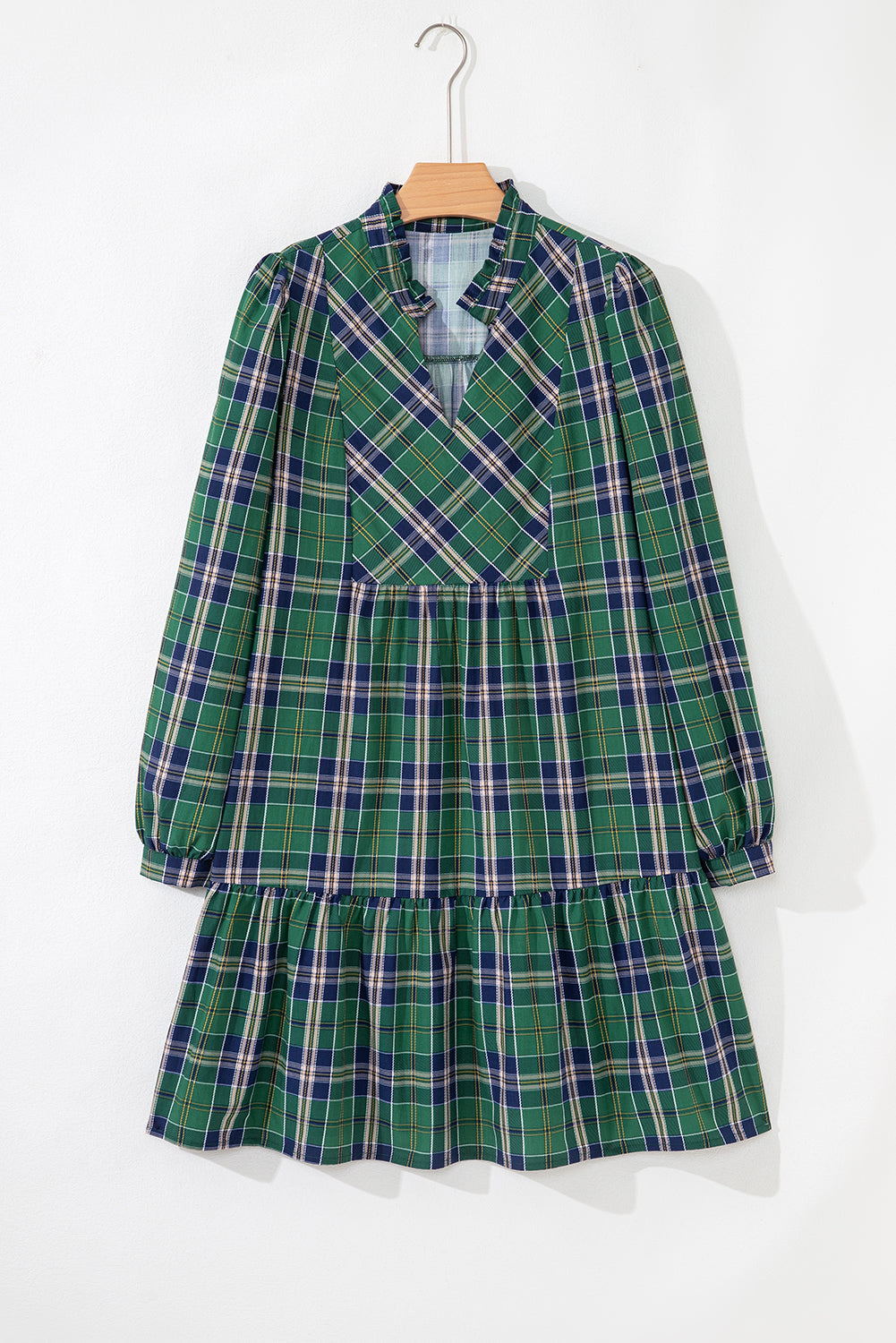 Green Plaid Print Frill Neck Long Sleeve Mini Dress 1622c3e1a020aab0