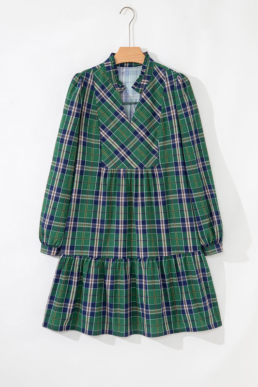 Green Plaid Print Frill Neck Long Sleeve Mini Dress 1622c3e1a020aab0