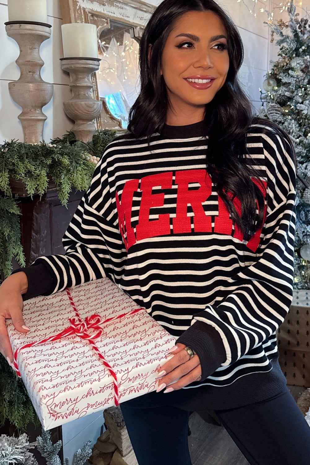 Black Stripe MERRY Letter Print Christmas Sweatshirt 1627ff6299855621