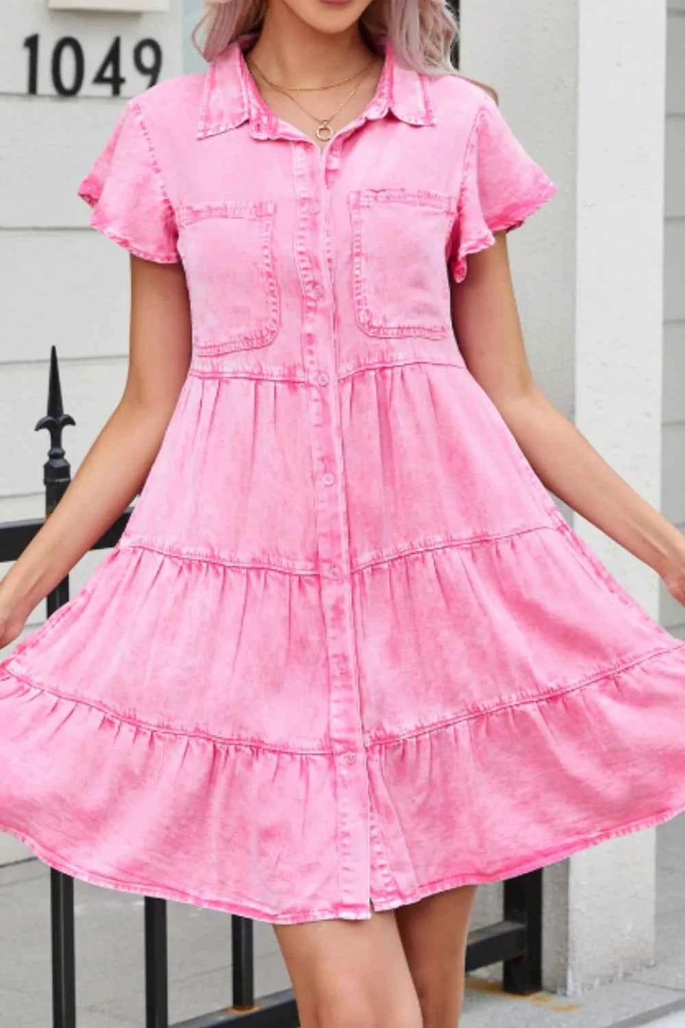 Collared Neck Button Down Mini Denim Dress 162c3478-5732-4139-a4cc-d8d55059adb5-Max