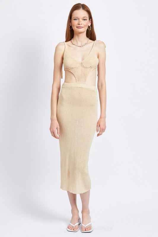 CUT OUT DETAUL MIDI DRESS WITH SHOULDER TIES TAN 16304397_ad15c5c7-ef68-4655-8a43-bb56757fda04