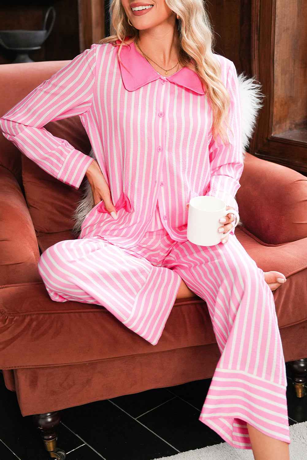 Pink Striped Sweet Bow Decor Peter Pan Collar Pullover Pants Pajama Set Pink Stripe 100%Polyester 1637e3962ab3afd8