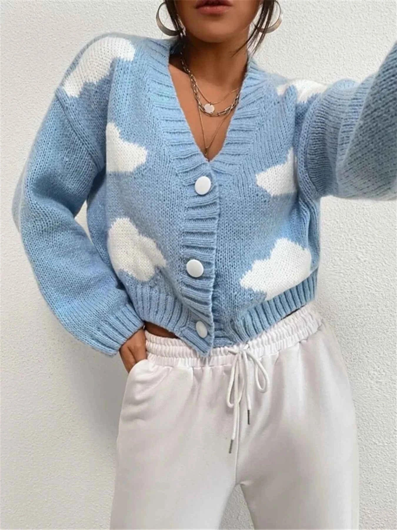 Contrast Cloud Pattern Cropped Button-Up Cardigan Light Blue 163db4ade42949d98e269f7fe87606c7-Max-Origin