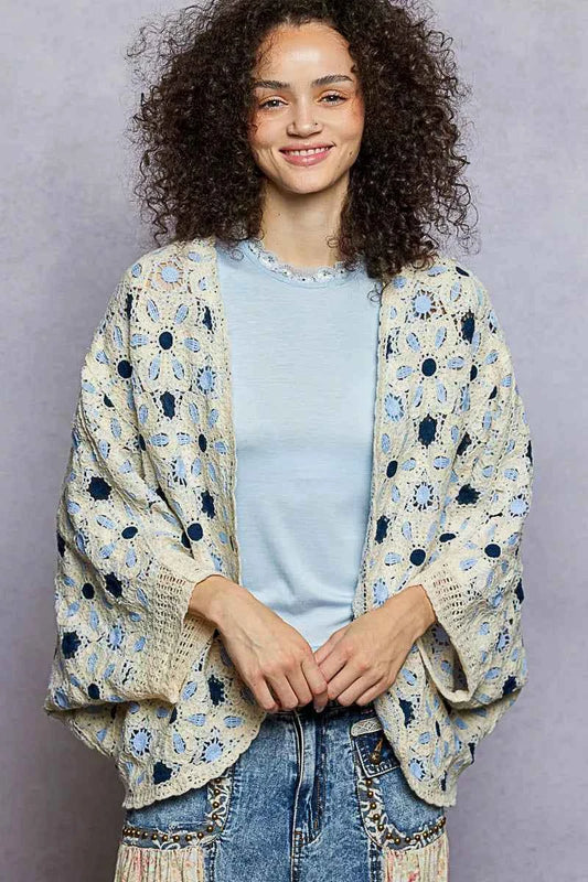 POL Open Front Floral Pattern Crochet Cardigan BLUE MULTI One Size 163e27c7-6bba-4223-b400-386511a20ce6-Max-Origin