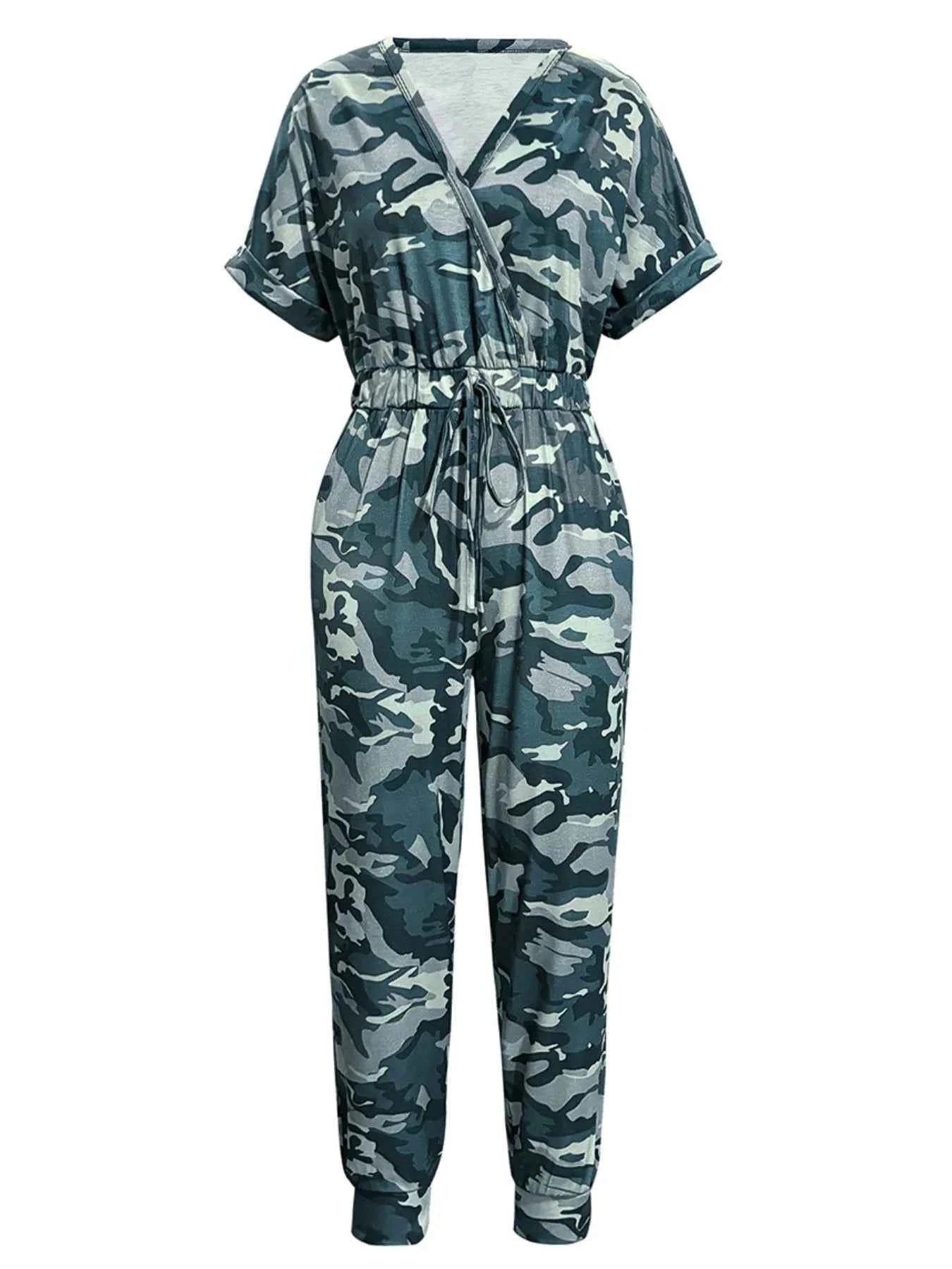 Drawstring Waist Short Sleeve Jumpsuit Green Camouflage 16464334-60ea-4872-9733-fcc0f20109a6-Max-Origin