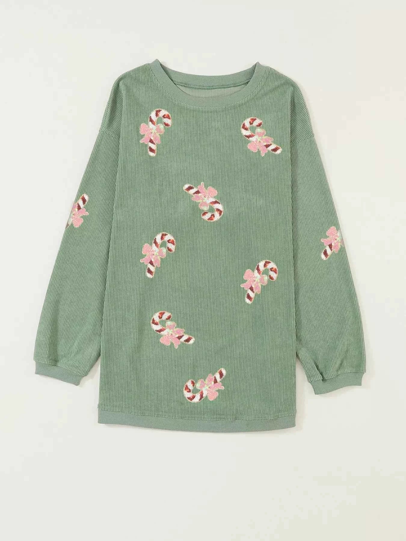 Christmas Sequin Candy Cane Patched Corded Ribbed Baggy Sweatshirt 16476e5768de4c37b20aa07d99be513d-Max-Origin