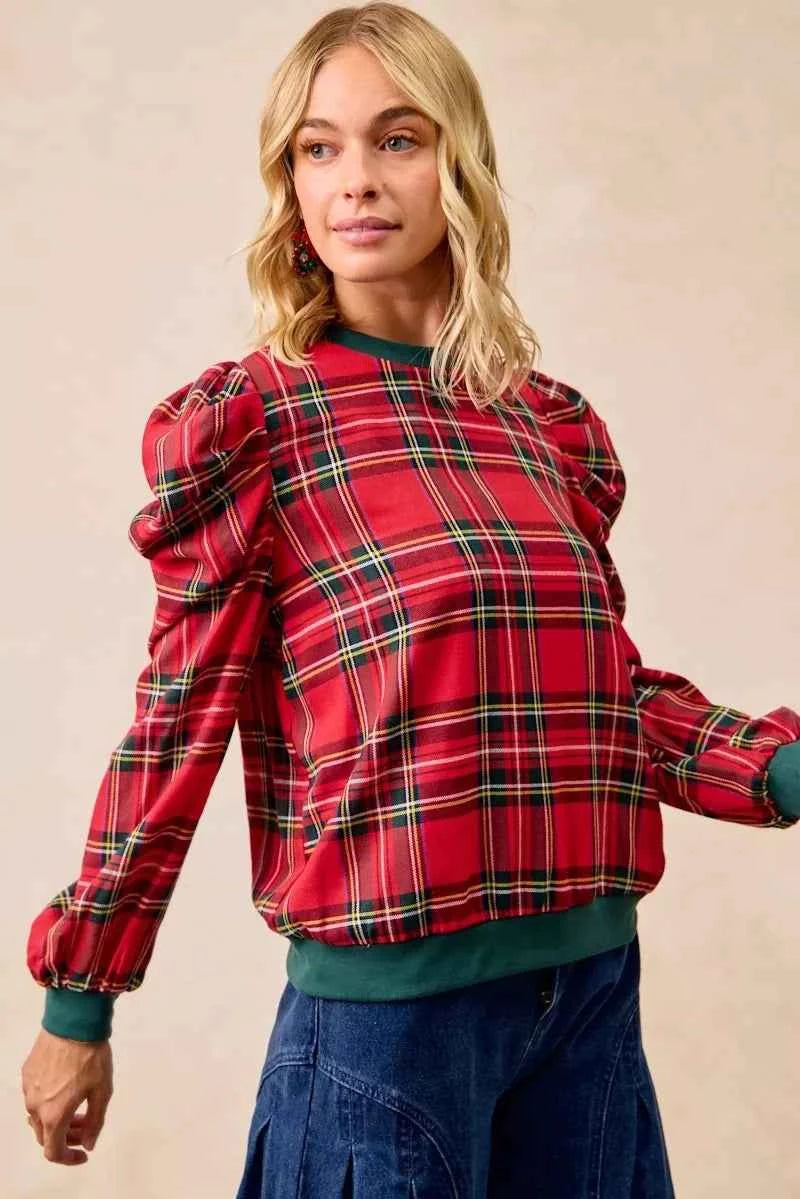 BiBi Christmas Plaid Exaggerated Shoulder Sleeves Top 16493e52e21549c59aa2f0cba623f715-Max-Origin