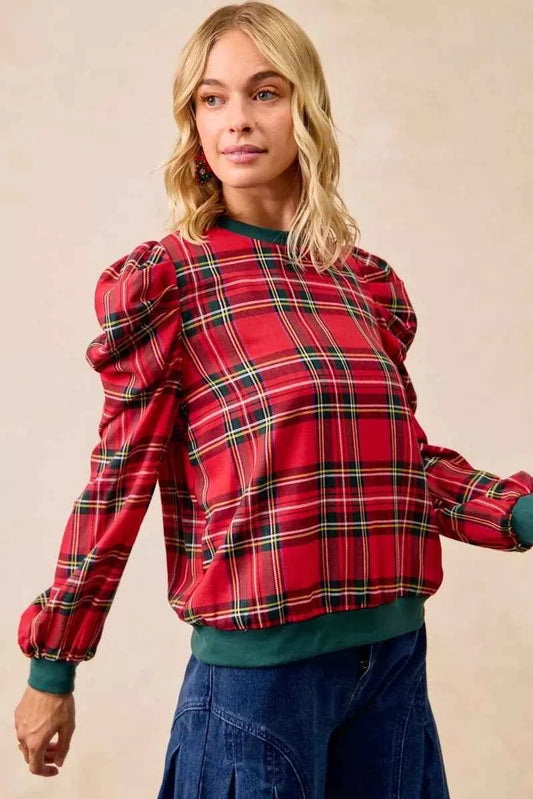 Christmas Plaid Exaggerated Shoulder Sleeves Top 16493e52e21549c59aa2f0cba623f715-Max-Origin