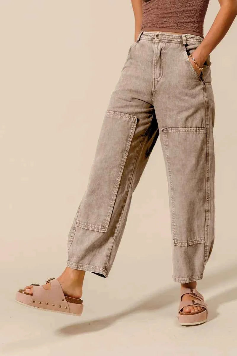 SO ME Mineral Washed Mid Rise Barrel Shape Pants TAUPE 164989d446c44a6da46b68bf550db3a6-Max-Origin