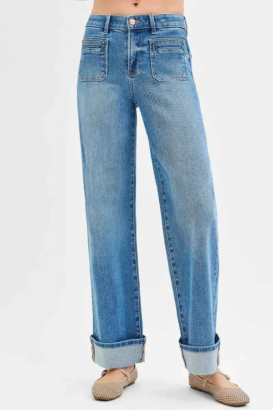RISEN Full Size Elastic Band Mid Rise Wide Front Patch Pocket Cuff Jeans Plus Size 16499ded80f440b894d1f7416e9e8b08-Max-Origin