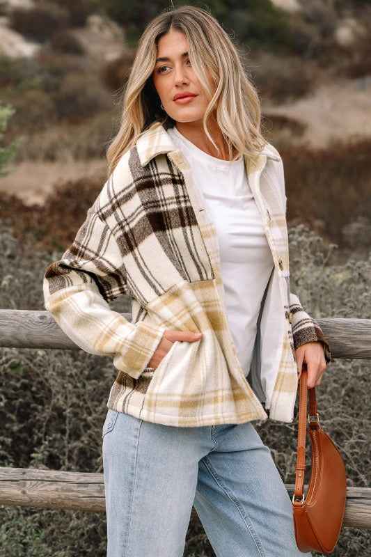 Plaid Patchwork Side Pocket Button-Up Shacket 164a5372-ddd4-4298-9bac-659538391c05