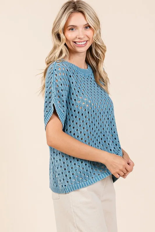 Mittoshop Mineral Wash Openwork Short Sleeve Knit Cover Up 164c7eaf-6fcf-4d9e-90c1-8bd34f0779d5-Max