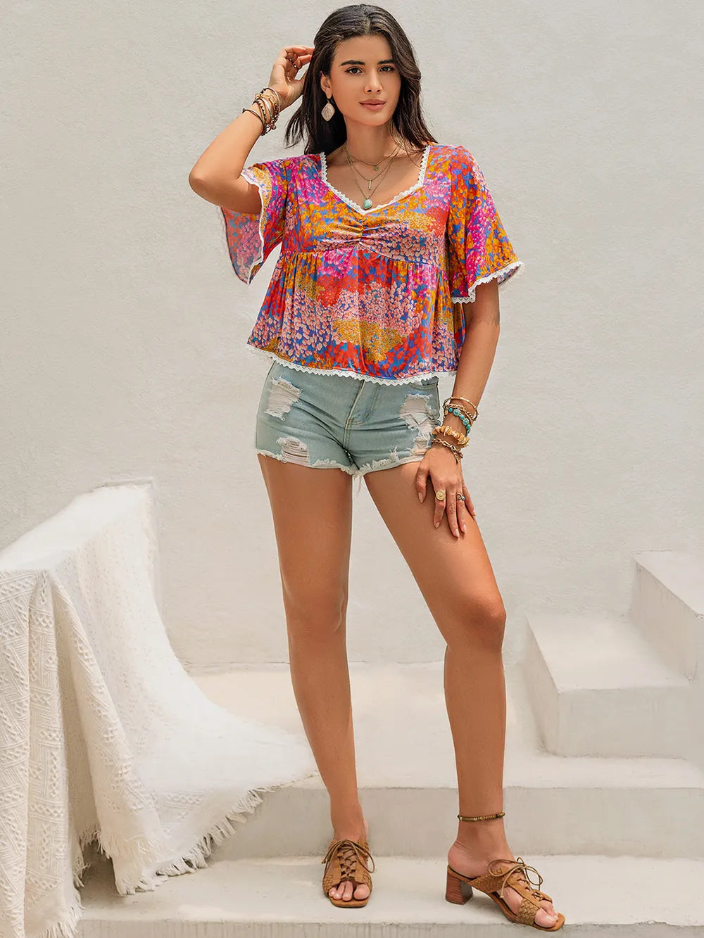 Ruched Printed Half Sleeve Blouse 165a4acb-ab07-4992-be38-3f8bd30cd835-Max