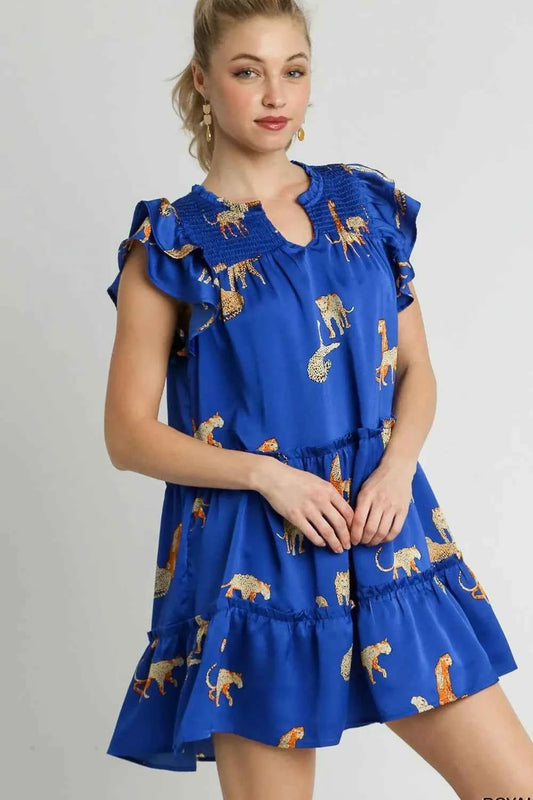Full Size Cheetah Print Notched Ruffle Layered Cap Sleeve Mini Dress Plus Size Royal Blue 1660d8f4-b325-40de-bd3a-ec1e80e8ba0f-Max