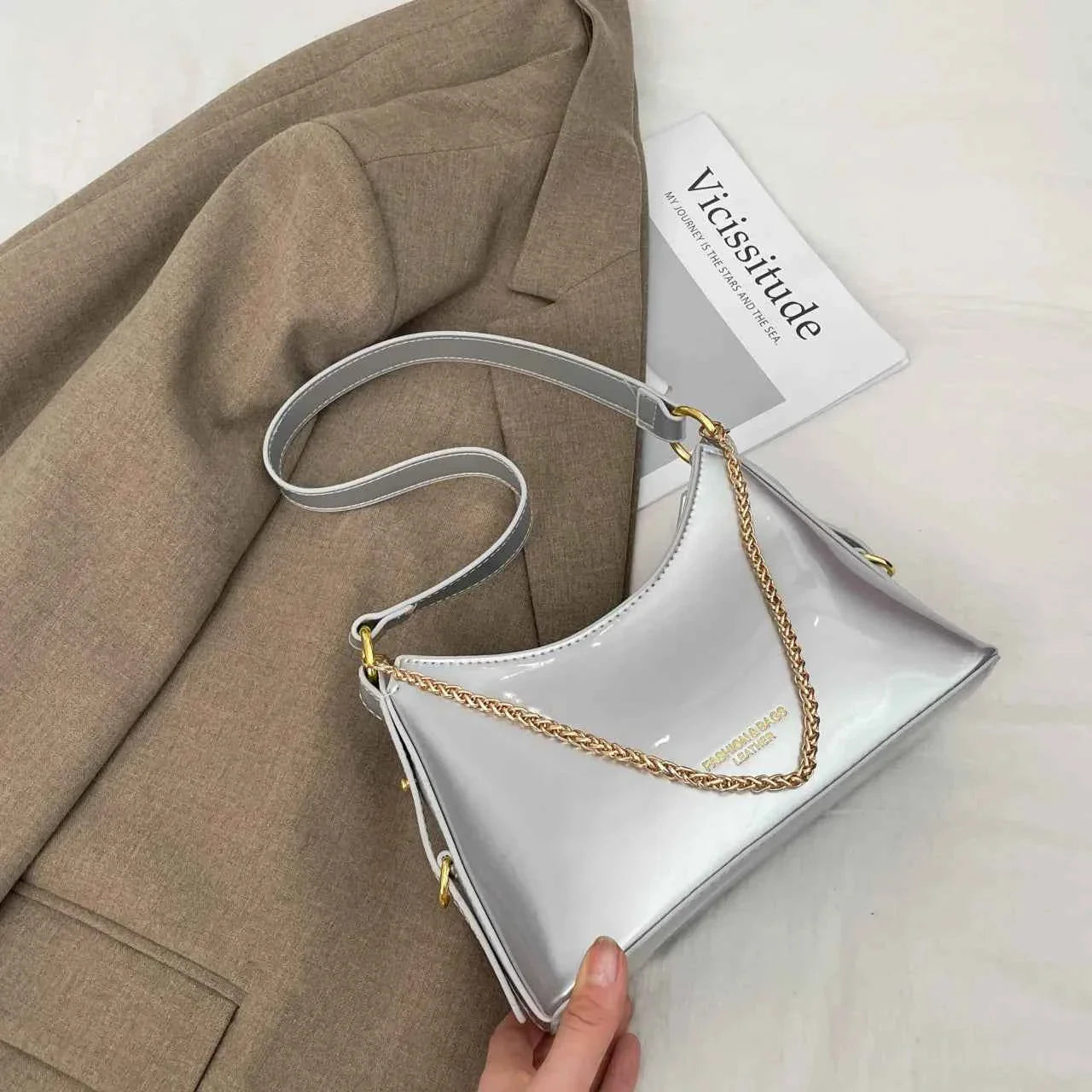 Leather Chain-Strap Shoulder Bag Silver onesize 16657e184d8840dfb361cf8baac3e75b-Max-Origin