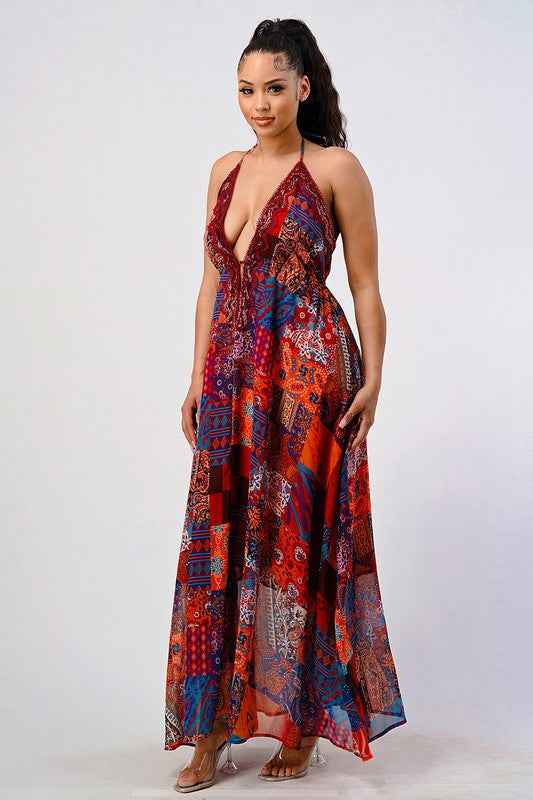 Bohemian print sequin lace trim maxi dress 16673030_25f271ab-02c0-40be-a30a-7312c8a5914d