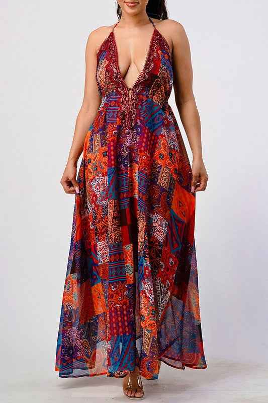 Bohemian print sequin lace trim maxi dress multi 16673030_3a0be7be-b32a-4610-bb64-16bad2bdcb1b