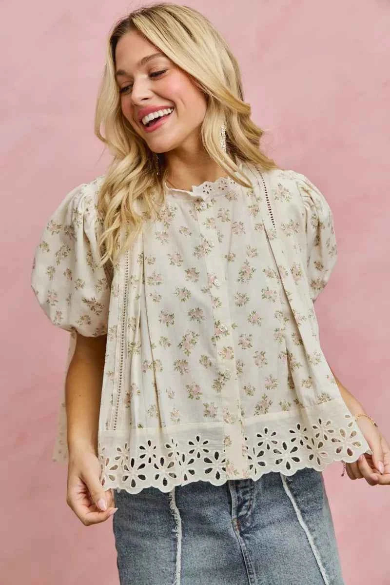 SO ME Floral Print Lace Trim Short Sleeves Blouse 166841119e7b4ab784d9a87eafcb98b2-Max-Origin