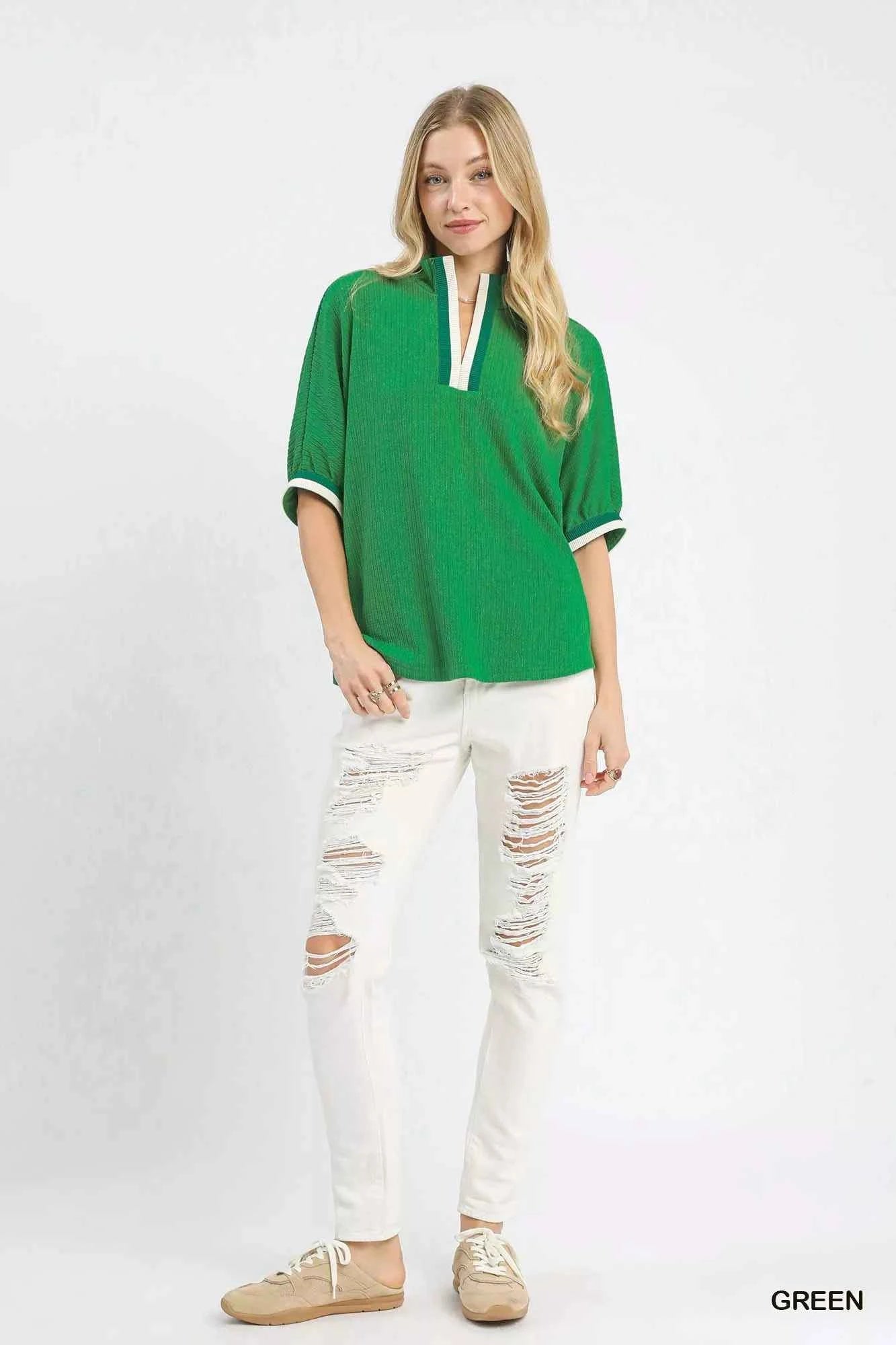 Umgee Textured Knit Top with Striped Contrast Trim 1671b104-1868-4810-bb35-b3fc866503f1-Max-Origin