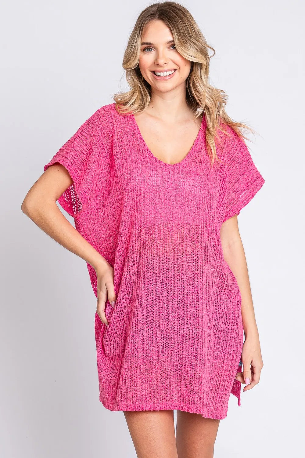 GeeGee Short Sleeve Side Slit Knit Cover Up Dress HOT PINK 1671e121-de8b-4ca7-8c4a-fc6bc3388943-Max