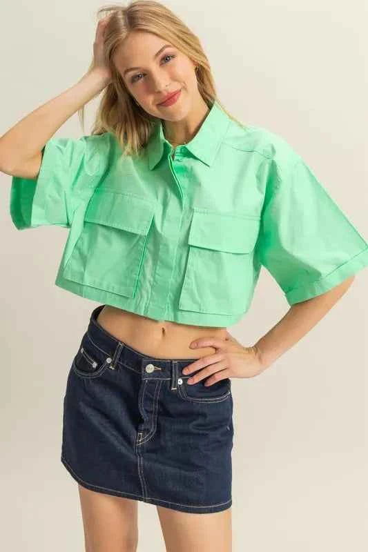 HYFVE Front Pockets Poplin Collared Neck Crop Shirt Neon Green 1672f7ff-8bb6-4198-9711-213b87aba744-Max