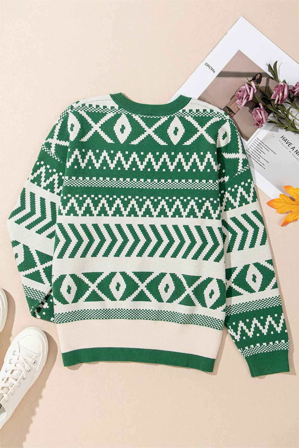 Dark Green Abstract Print Pullover Sweater 167514339cc1dbb4