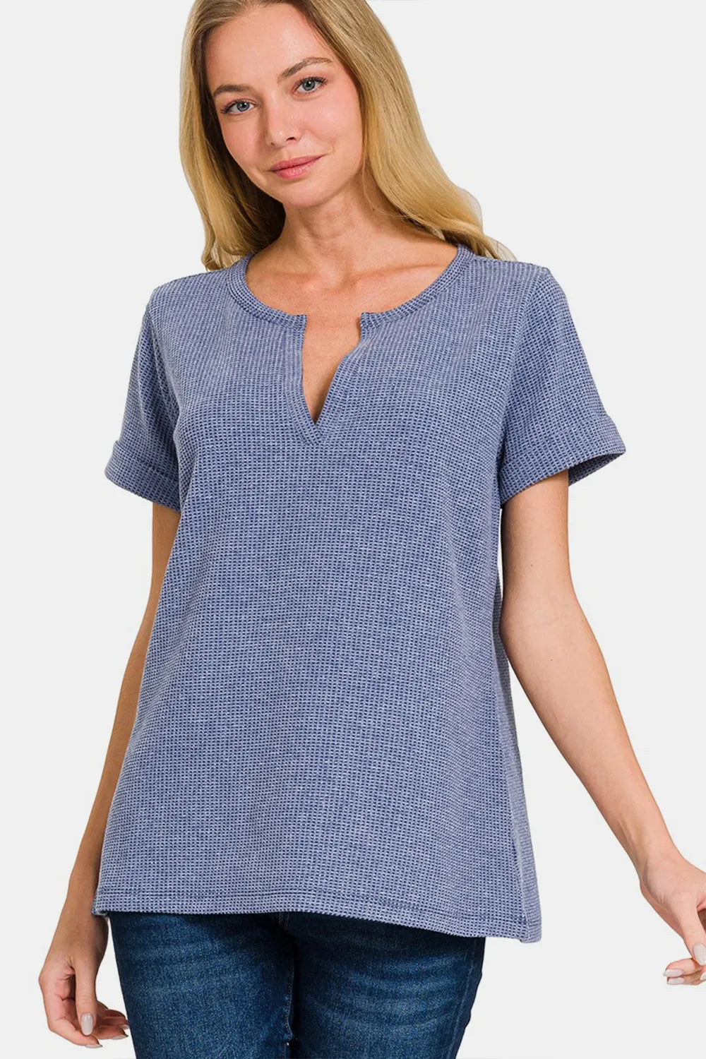 Zenana Notched Short Sleeve Waffle T-Shirt DENIM 1675ac42-2fb5-4cab-8b93-b035e0ac82b6-Max
