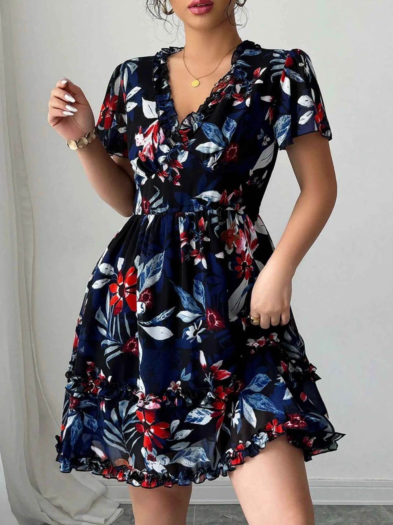 Floral Wrap Dress with Flutter Sleeves Navy 16761bd6-7cc4-418b-ae4f-d8b36f21e670-Max-Origin